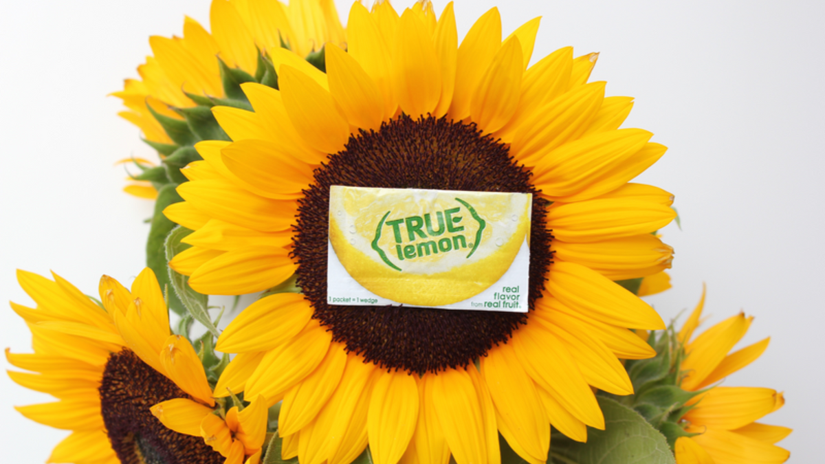 Packet of True Lemon on top of a sunflower.