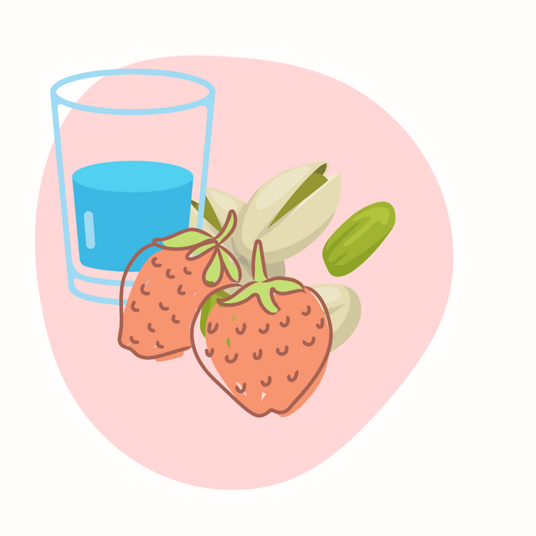 A drawing of a glass of water, two strawberries, and some pistachio nuts.